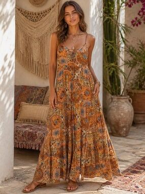 Kori Women’s S Orange Blue Boho Paisley Floral Maxi Dress Tiered Spaghetti Strap